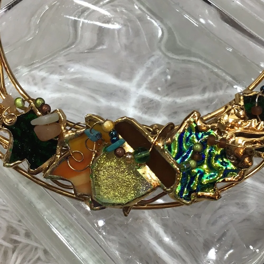 Vintage gold choker bib iridescent necklace